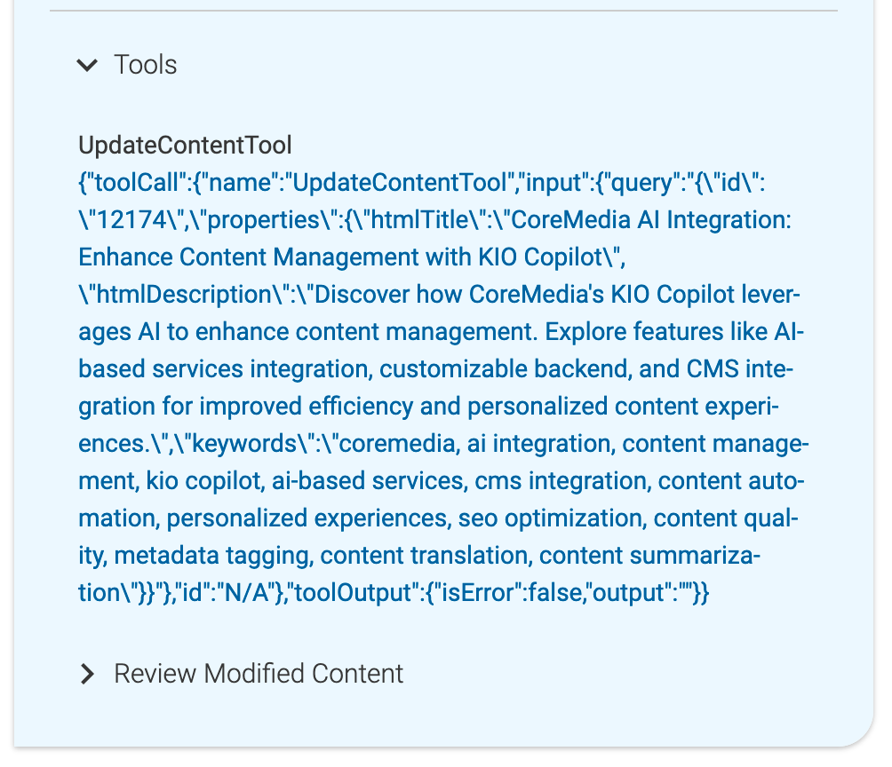 UpdateContentTool debug output