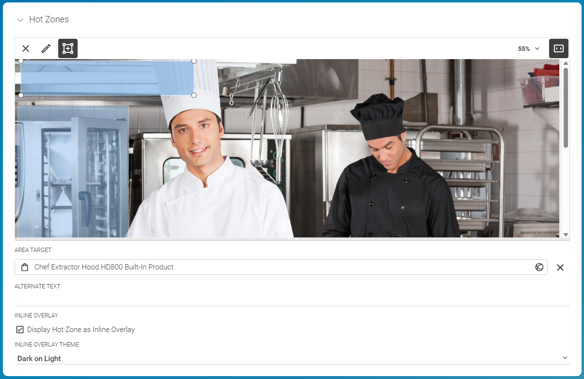 Creating hot zones with an inline overlay zone selected for editing