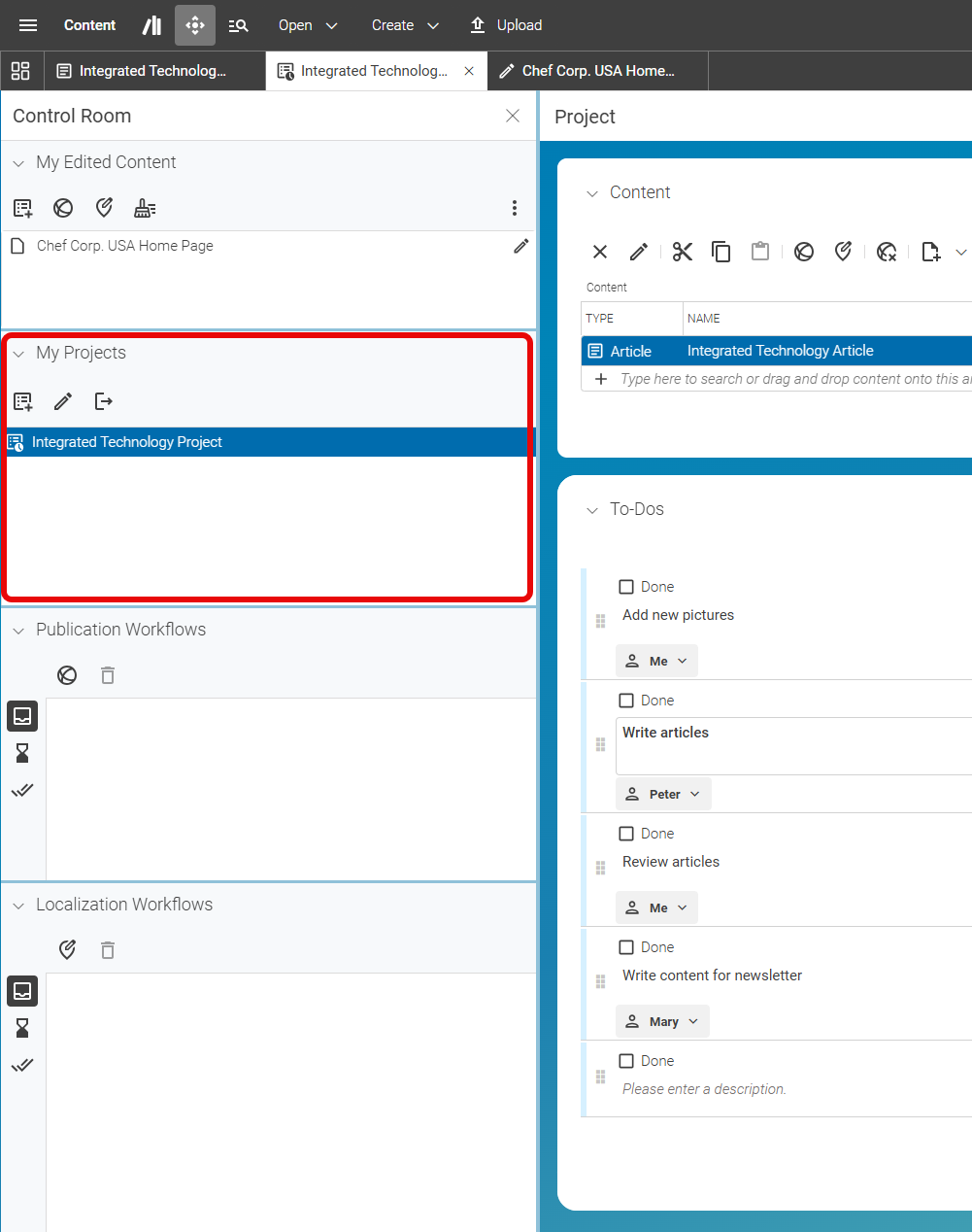 Your projects in the Control Room