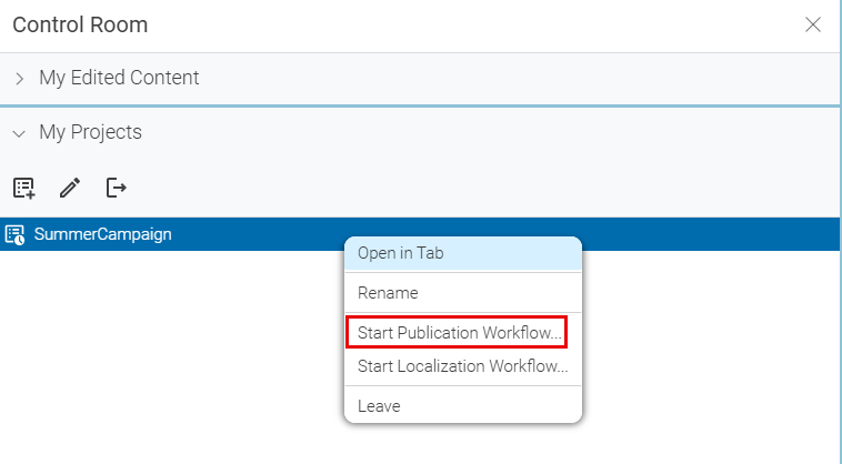 Start publication workflow context menu