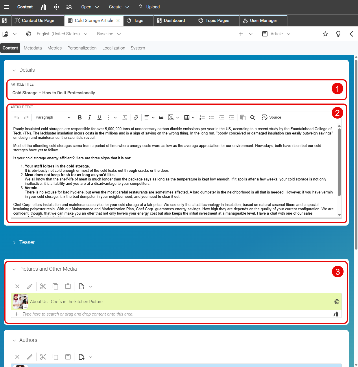 The Article content item in Studio