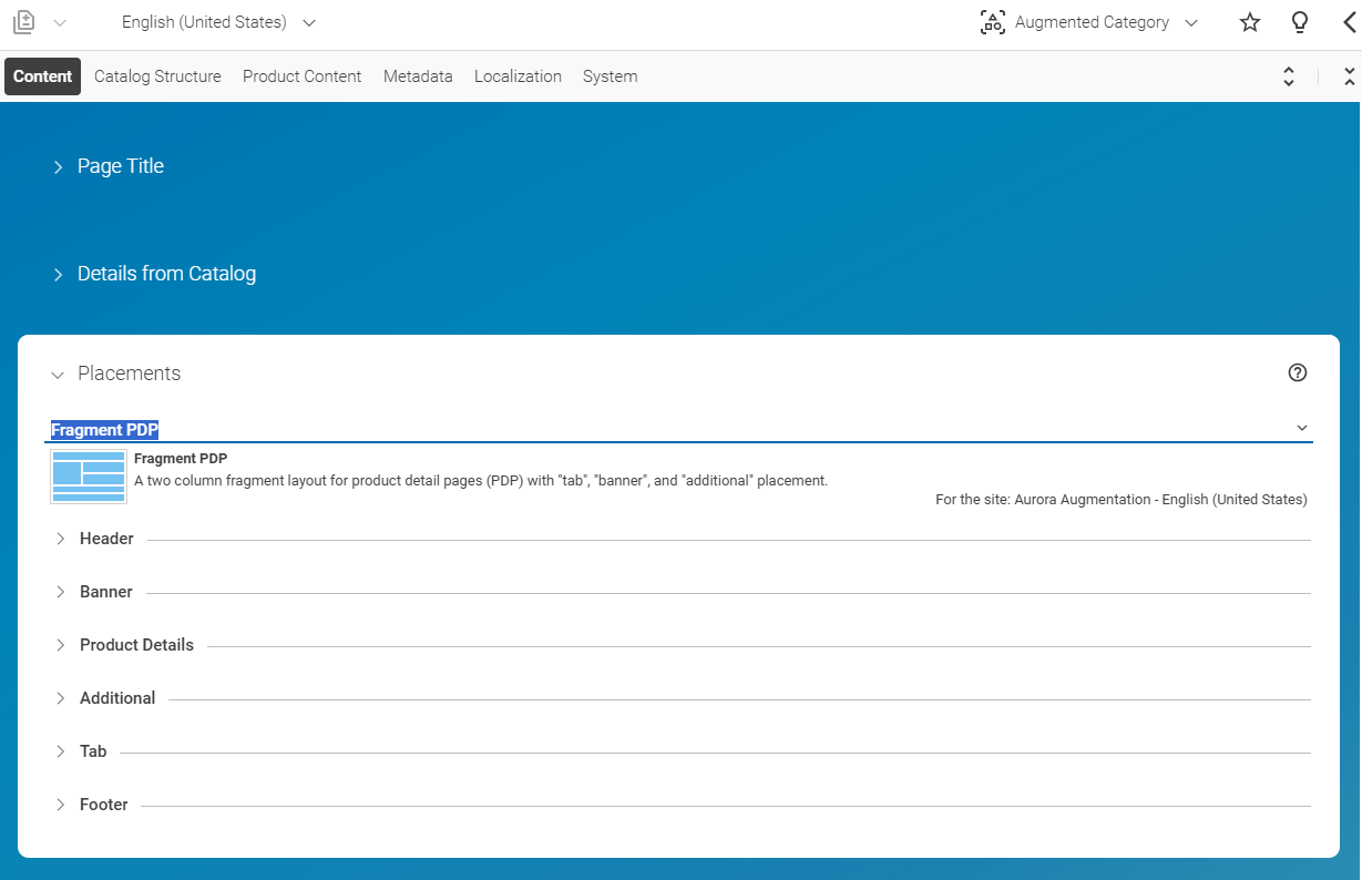 Example of a page with a page grid for fragment use. The placements that corresponds to the commerce layout are highlighted in blue and are the only ones that can be edited.