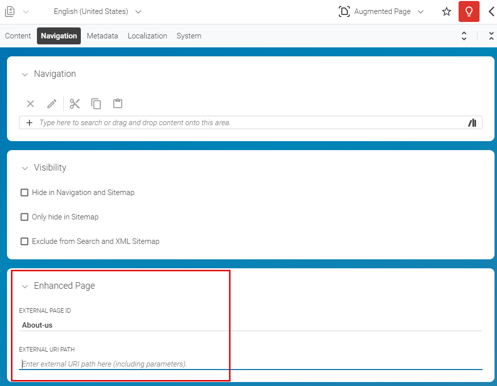 Navigation Settings for another page