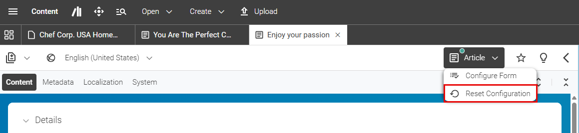 Content Form Configuration Button after Configuration