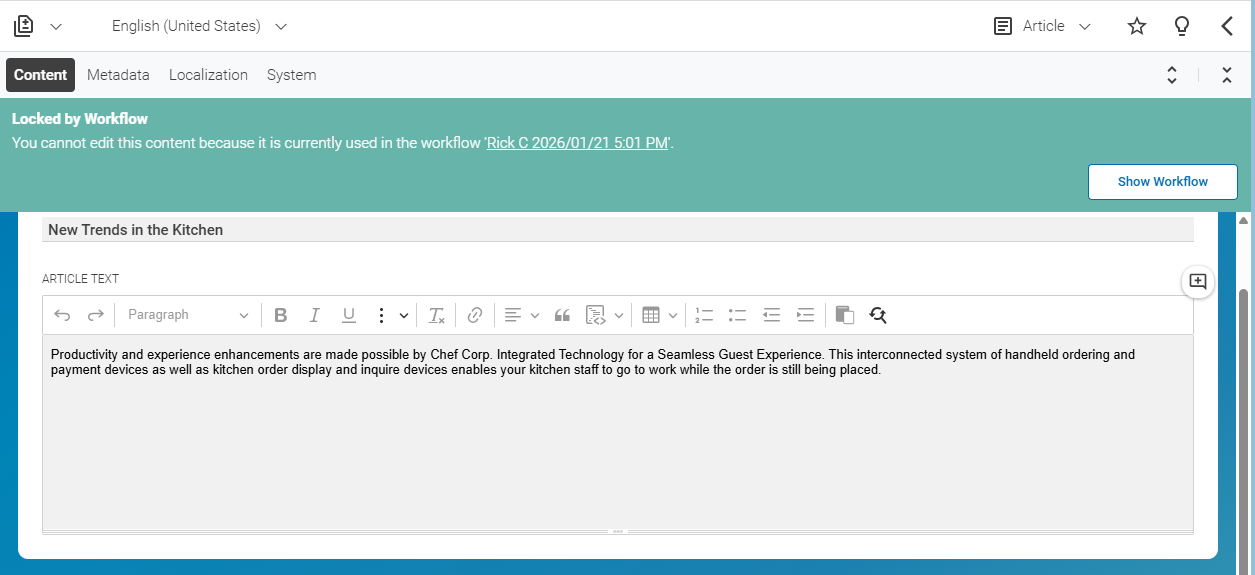 Content form showing a locked content item