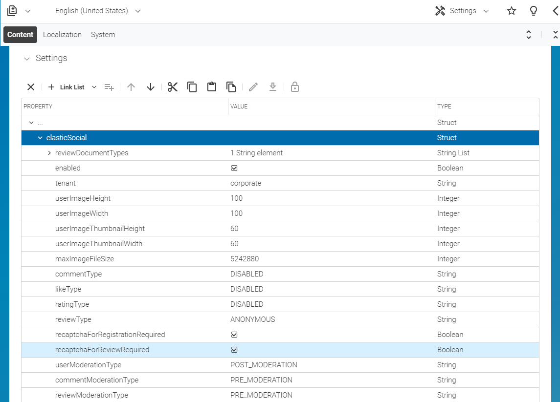 Elastic Social configuration in a Settings content item