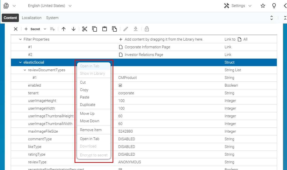 Context menu for struct entry