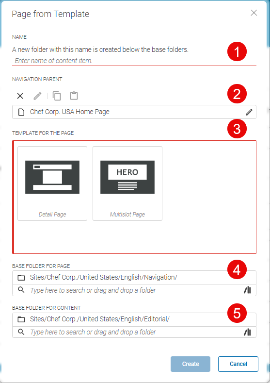 Page from Template dialog
