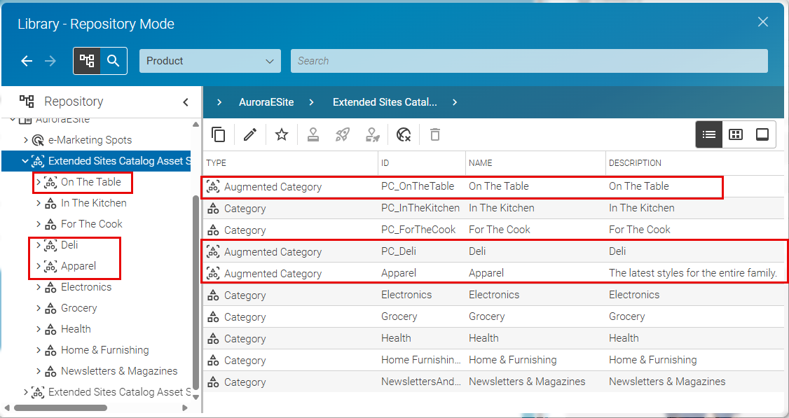 Augmented categories in the tree view of the Library with specific icon