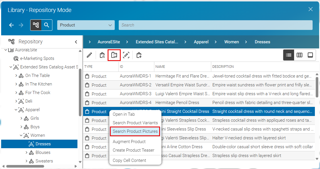 Search picture content items assigned to a product