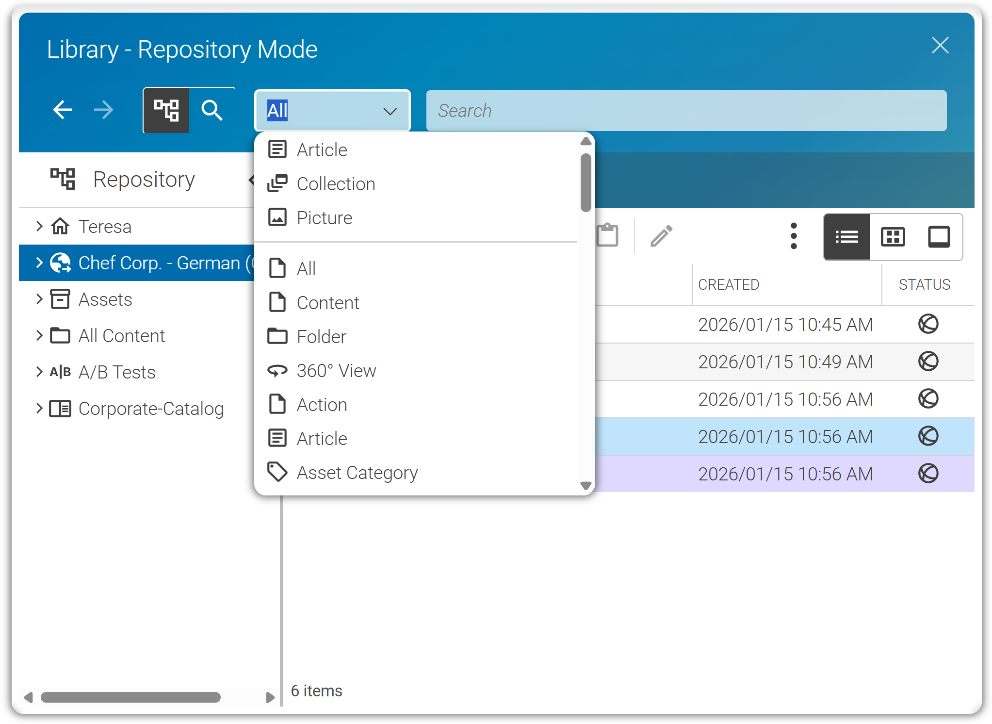 Content type chooser in the library