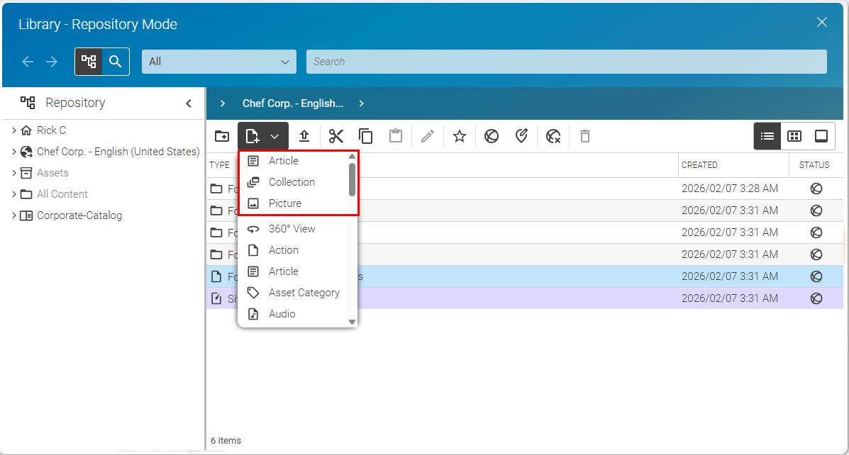 Preferred Types in the New Content Menu (Library)