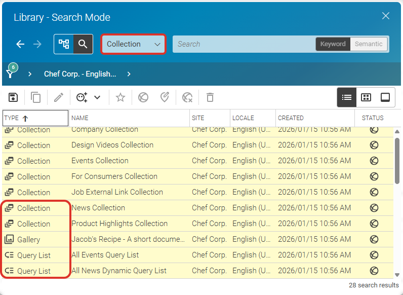Collection and its subtypes in search results