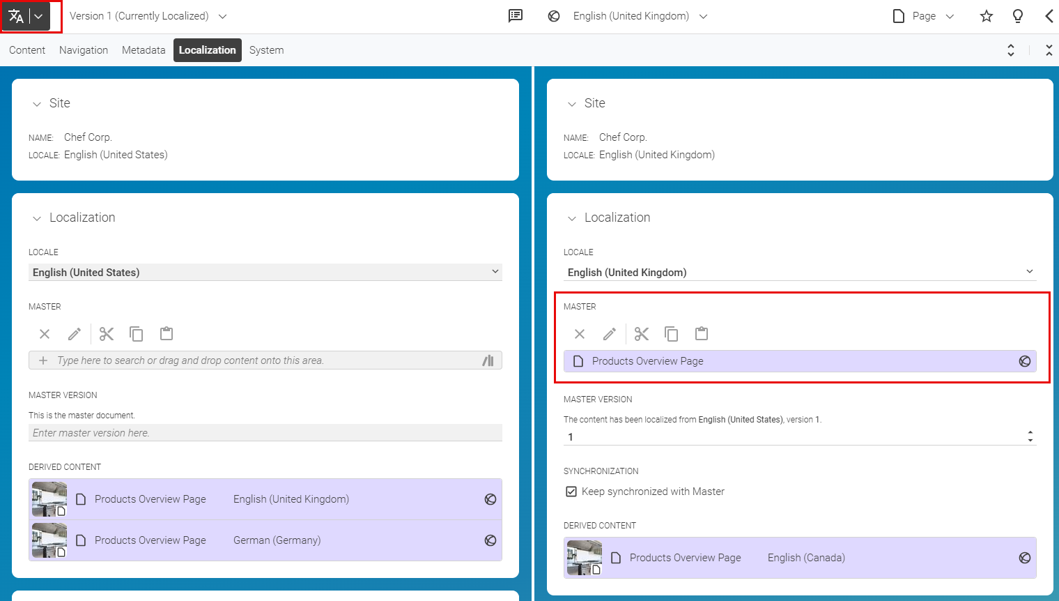 Side-by-side view showing the master relationship
