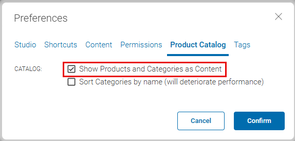 The CoreMedia product catalog preference tab