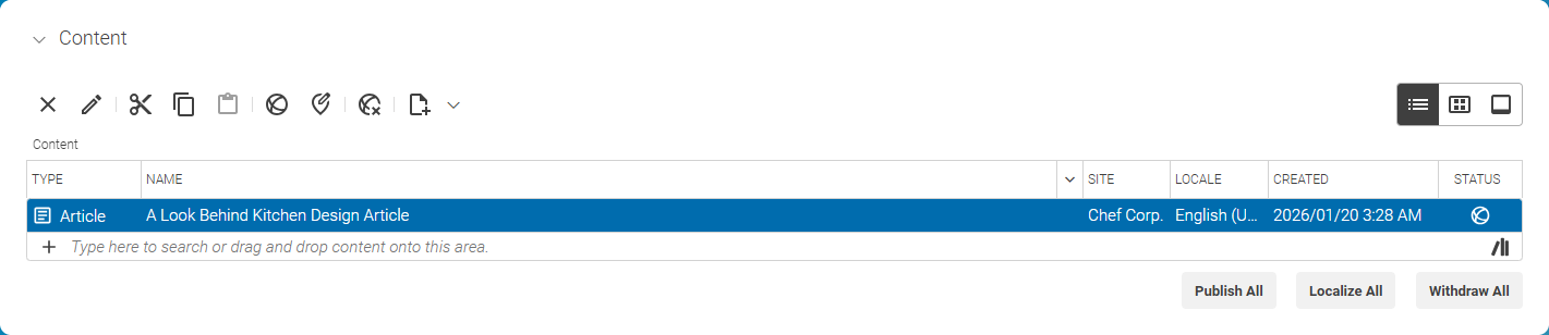 Content field of the project tab