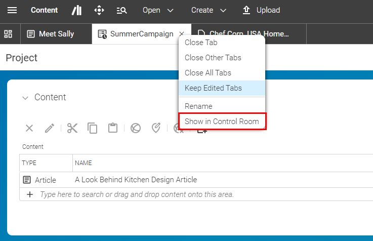 Context menu of the project tab