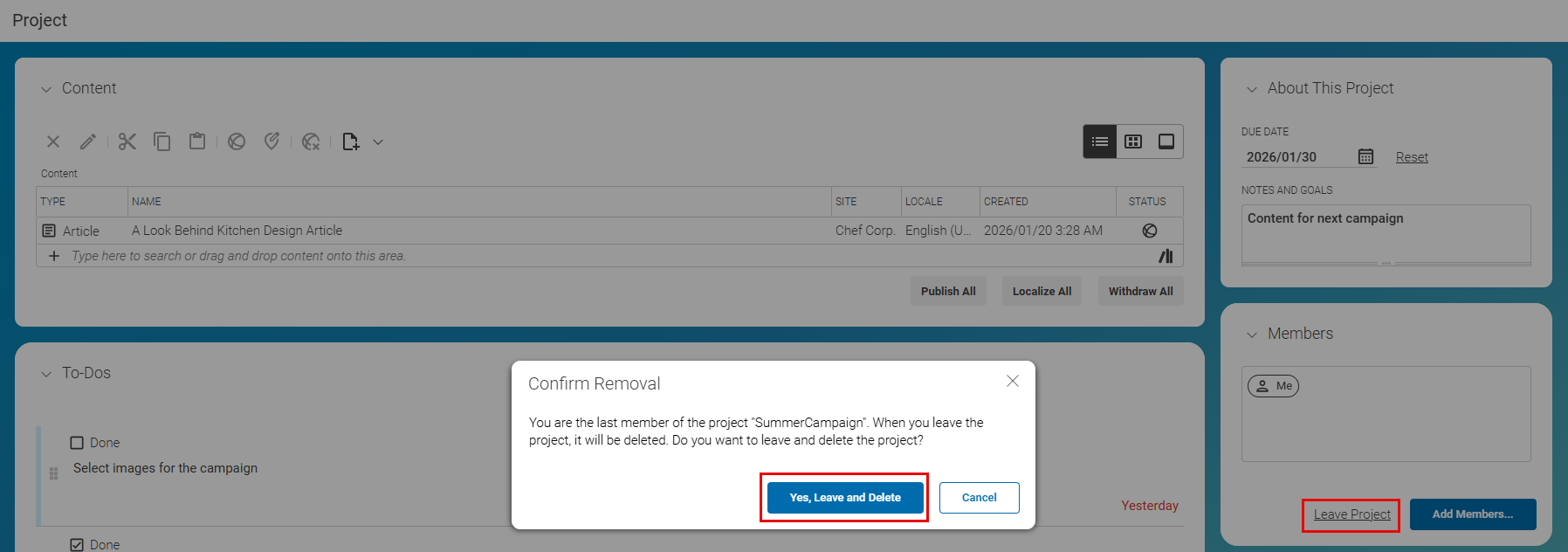 Deletion of a project