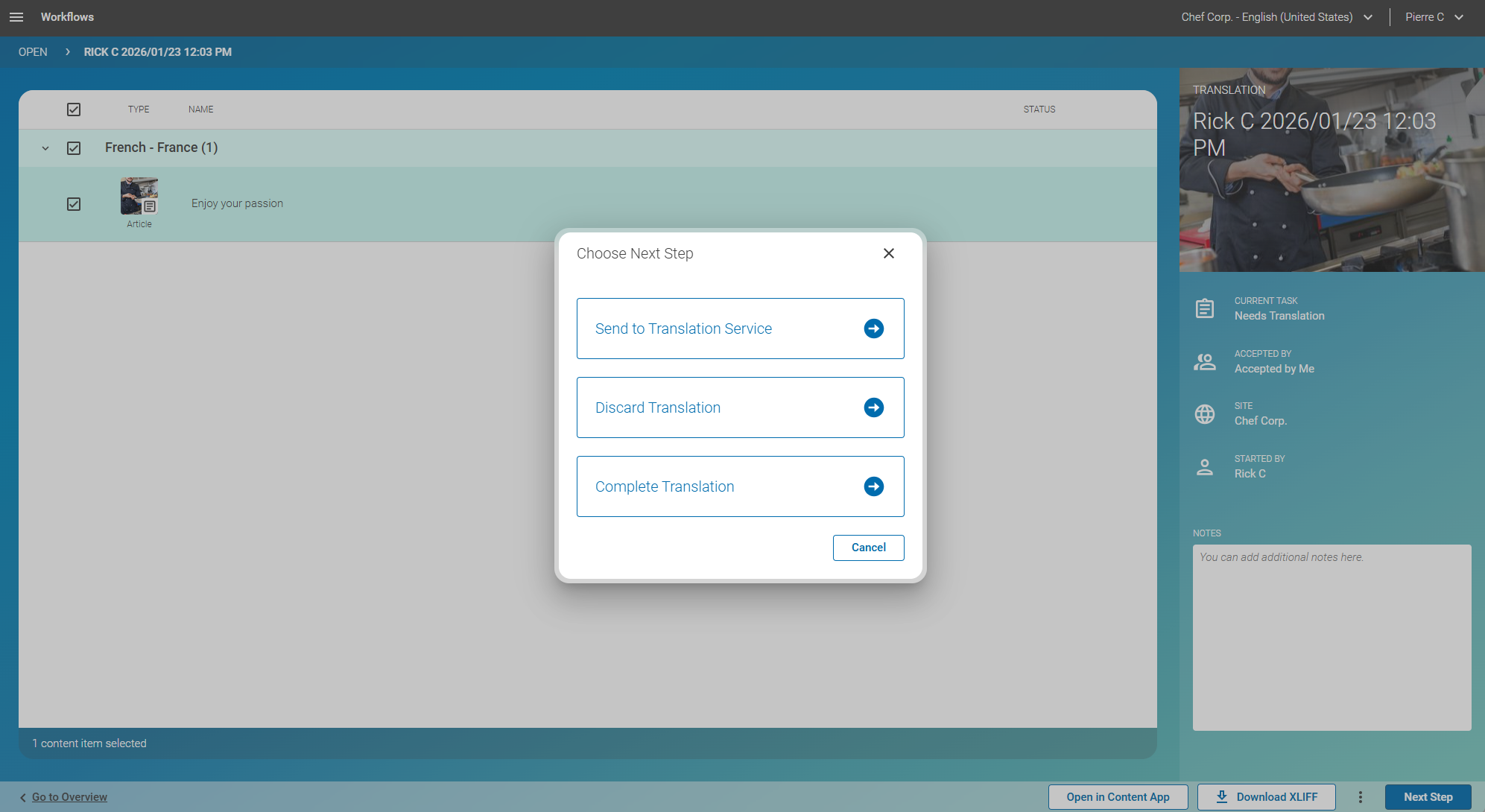 Translation workflow detail panel next steps