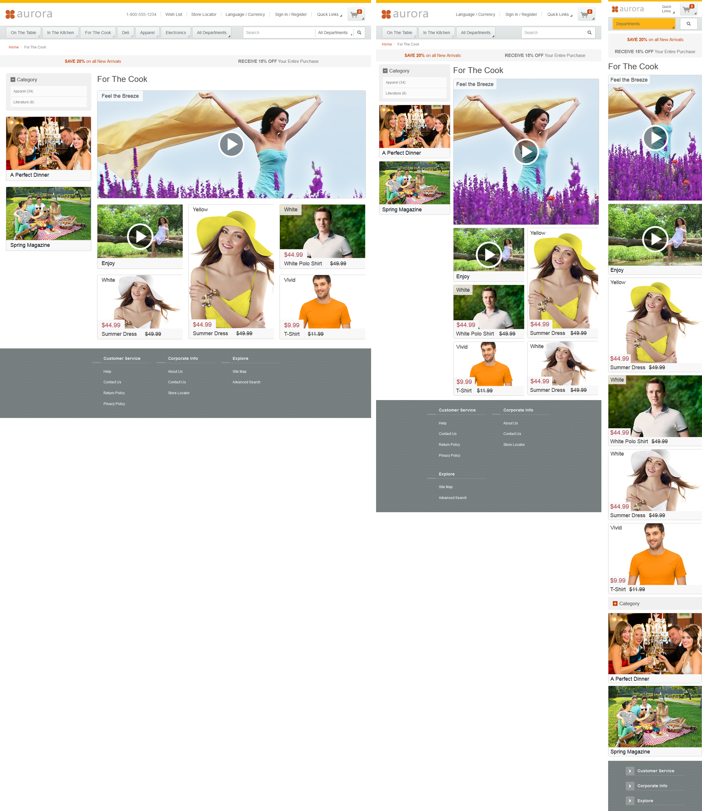 Aurora category page for different devices: desktop, tablet, mobile