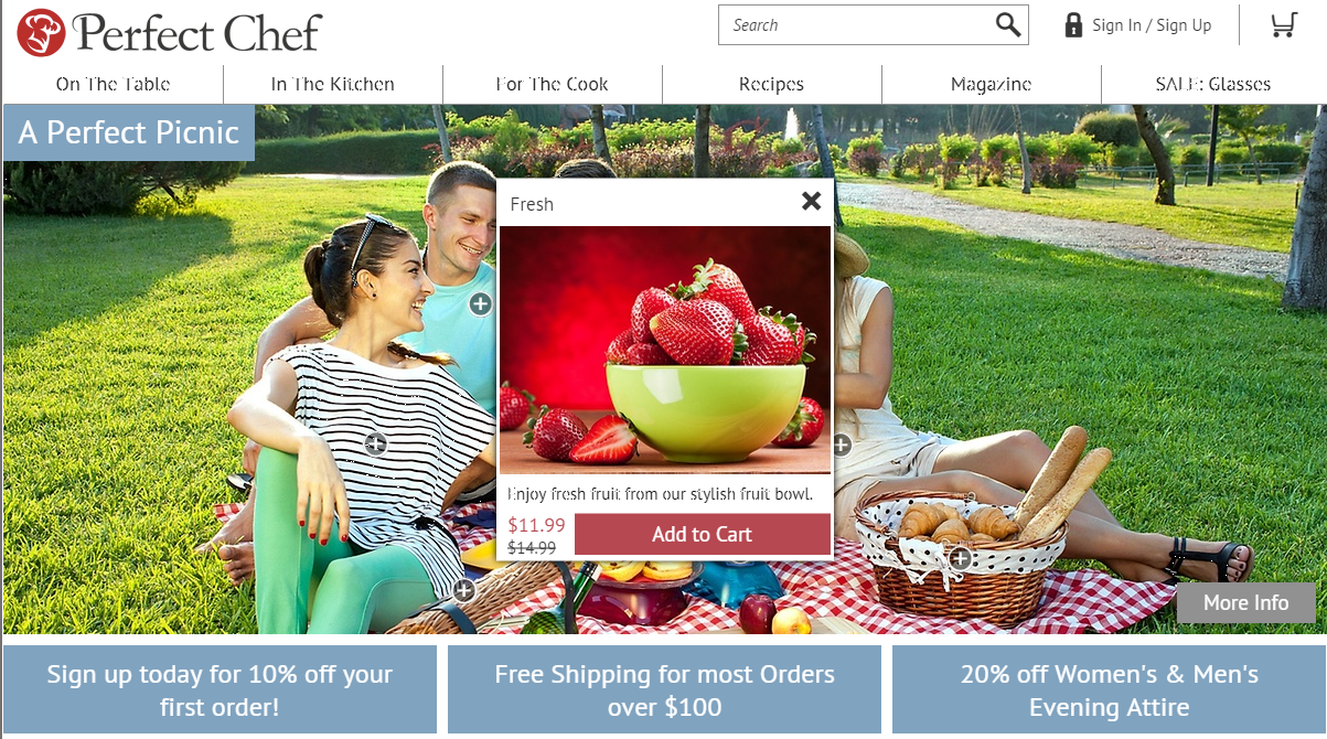 The CoreMedia Perfect Chef site with dynamic price information from the IBM WebSphere Commerce shop