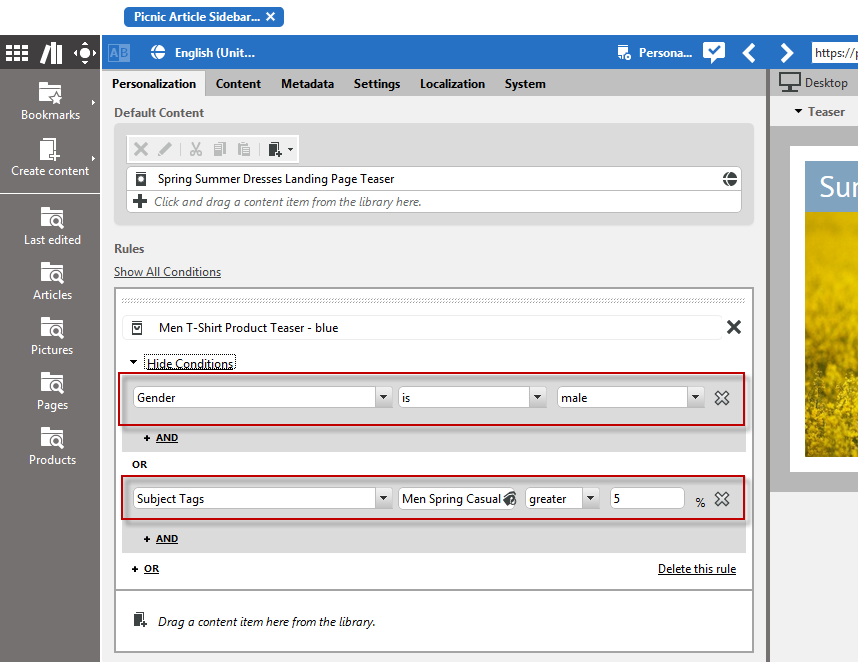 Conditions in Personalized Content and User Segment documents