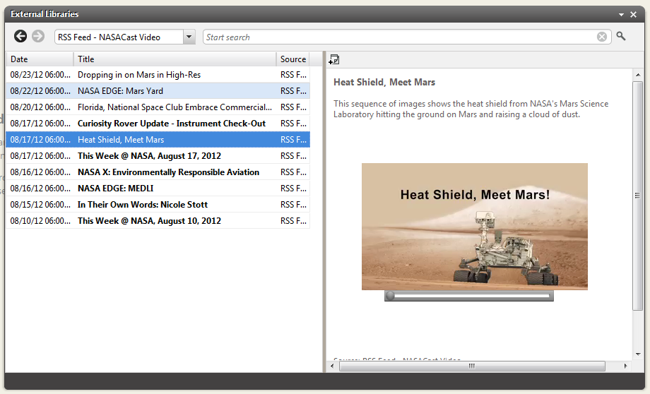 External library showing RSS feed items