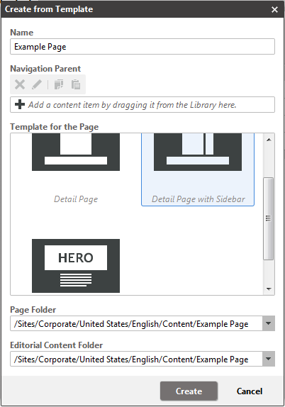 Create from template dialog