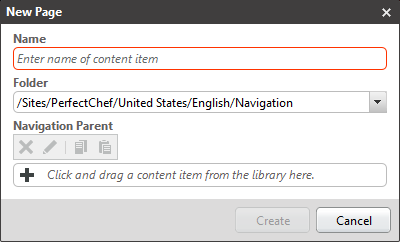 New content dialog for pages