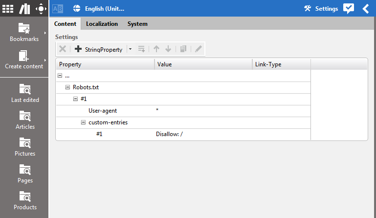 Channel settings with configuration for Robots.txt as a linked setting on a root page