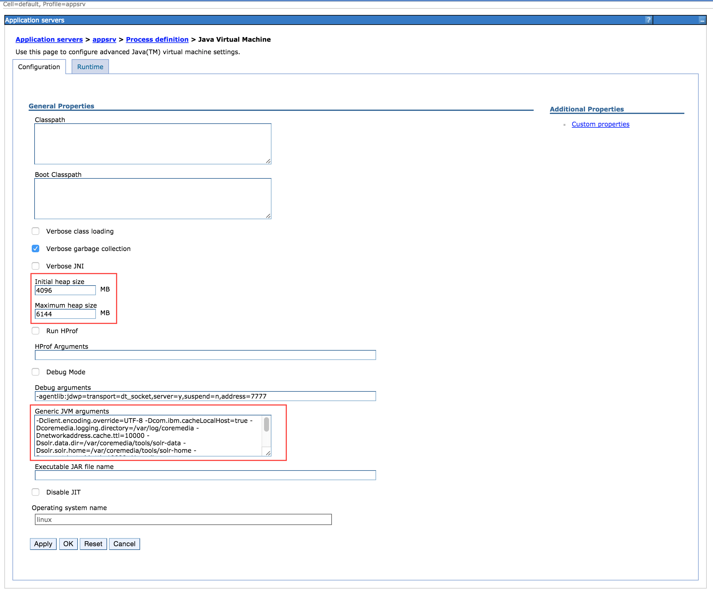 Define JVM Arguments in WebSphere