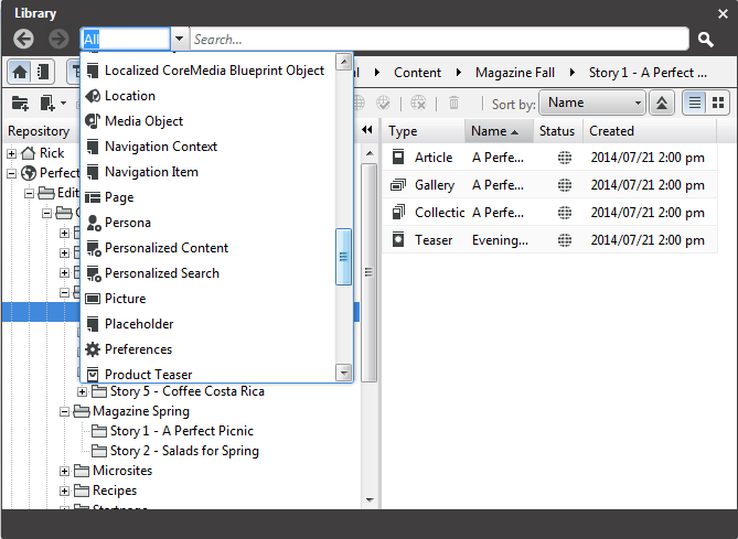 Content type chooser in the library