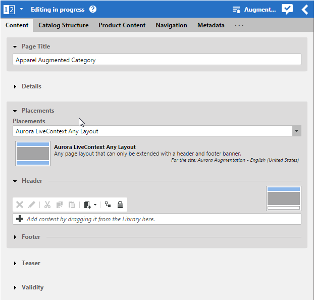 Example of a page with a page grid for fragment use. The placements that corresponds to the commerce layout are highlighted in blue and are the only ones that can be edited.