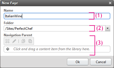 Page creation dialog