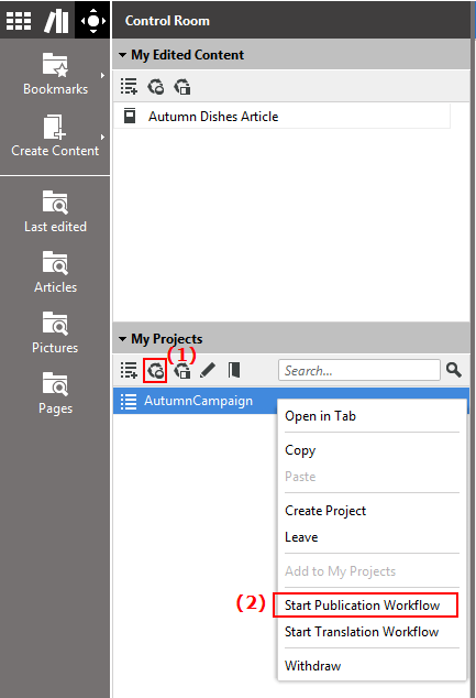 Start publication workflow context menu