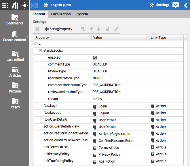 Elastic Social configuration in a Settings content item