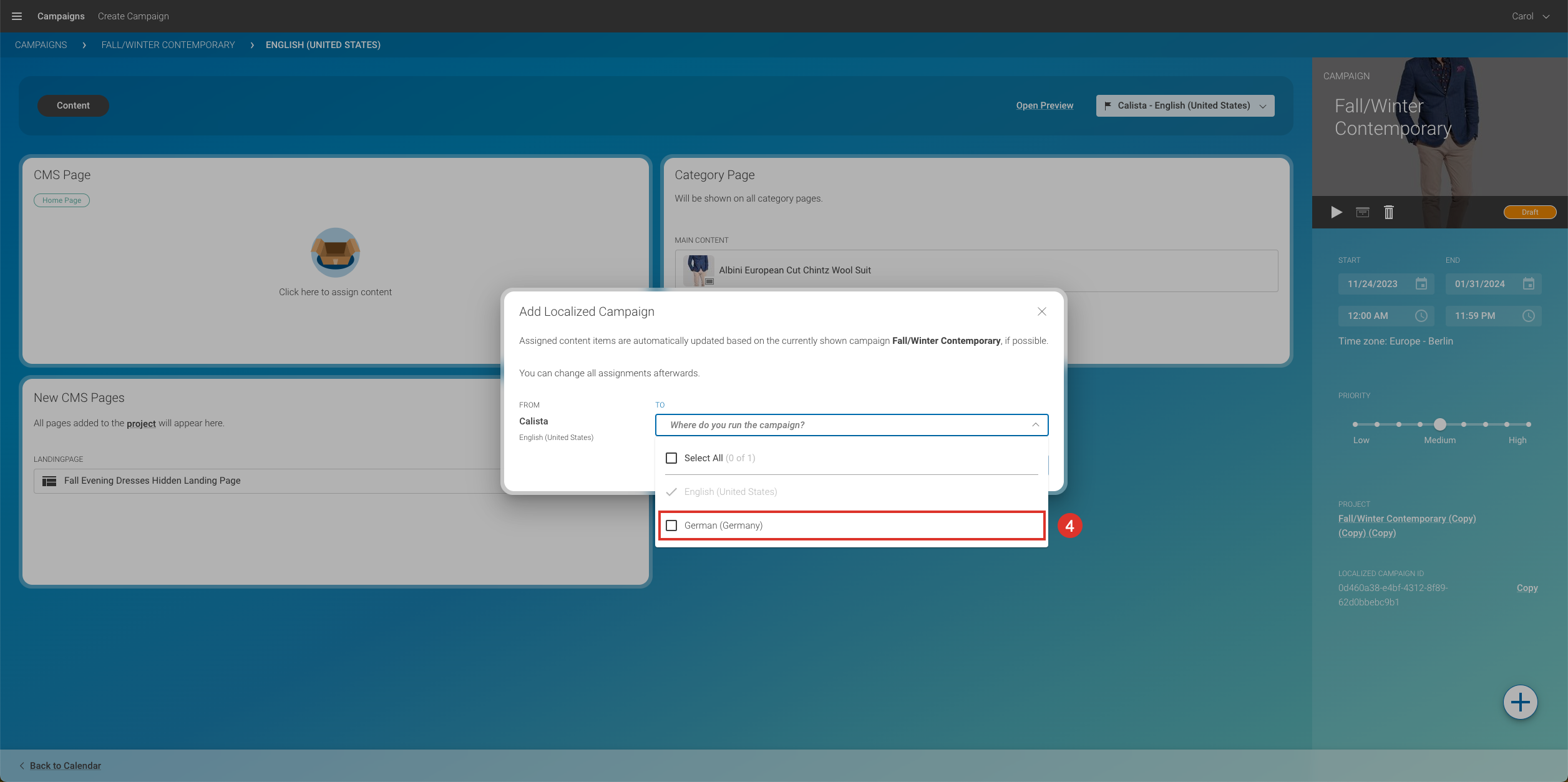Open the drop-down-menu CampaignApp Create new locale Choices German selected en