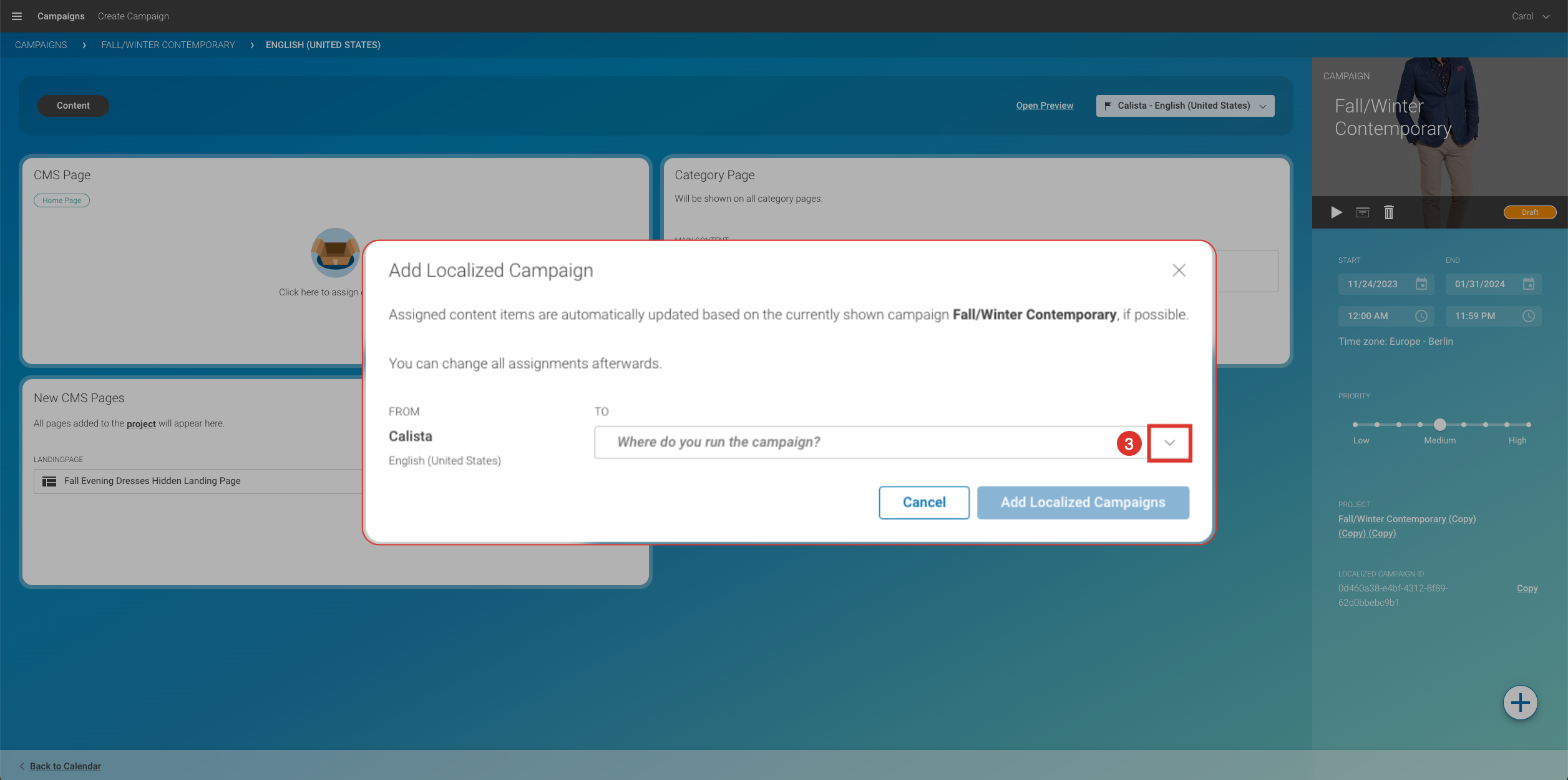 Open the drop-down-menu CampaignApp Create new locale Empty dropdown en