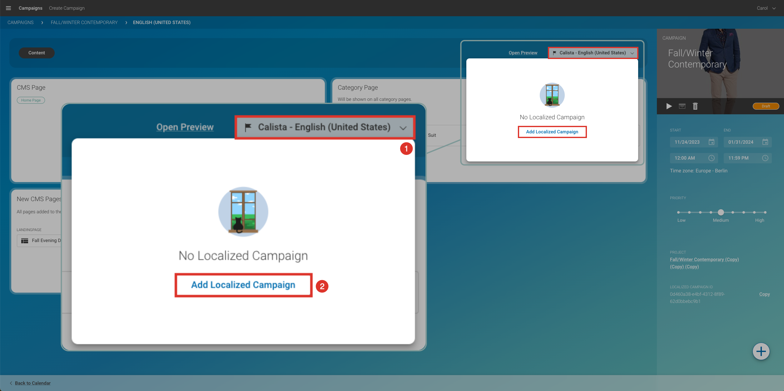 Create a new localization from Campaign Detail Page CampaignApp Start localization en