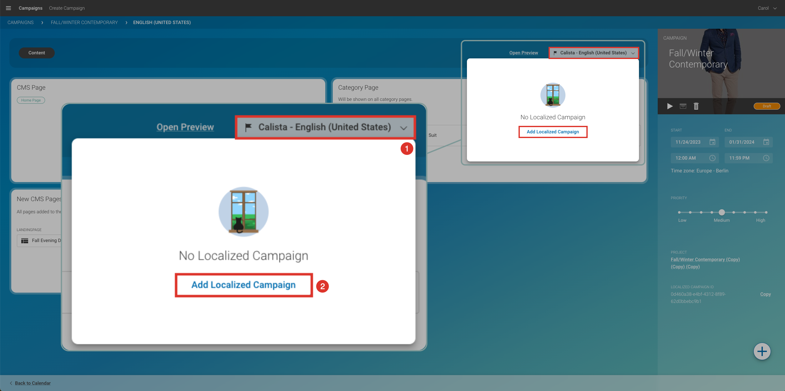 Create a new localization from Campaign Detail Page