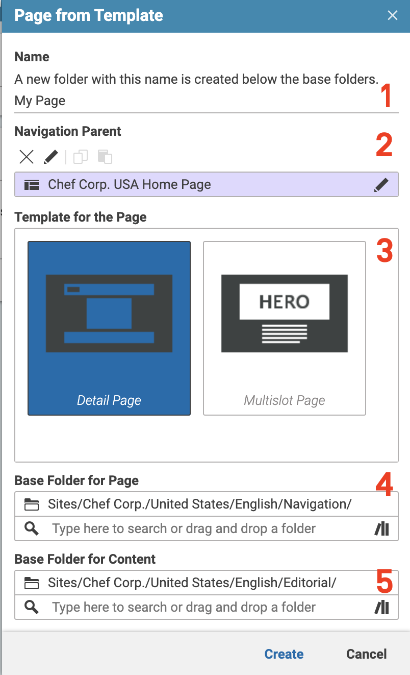 page from template dialog